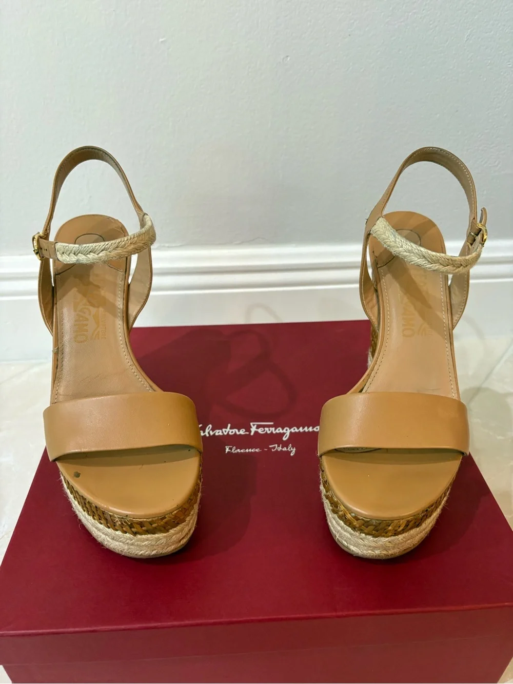 Salvatore Ferragamo Marlene Tan Leather & Wicker Espadrille Wedge Sandals (size